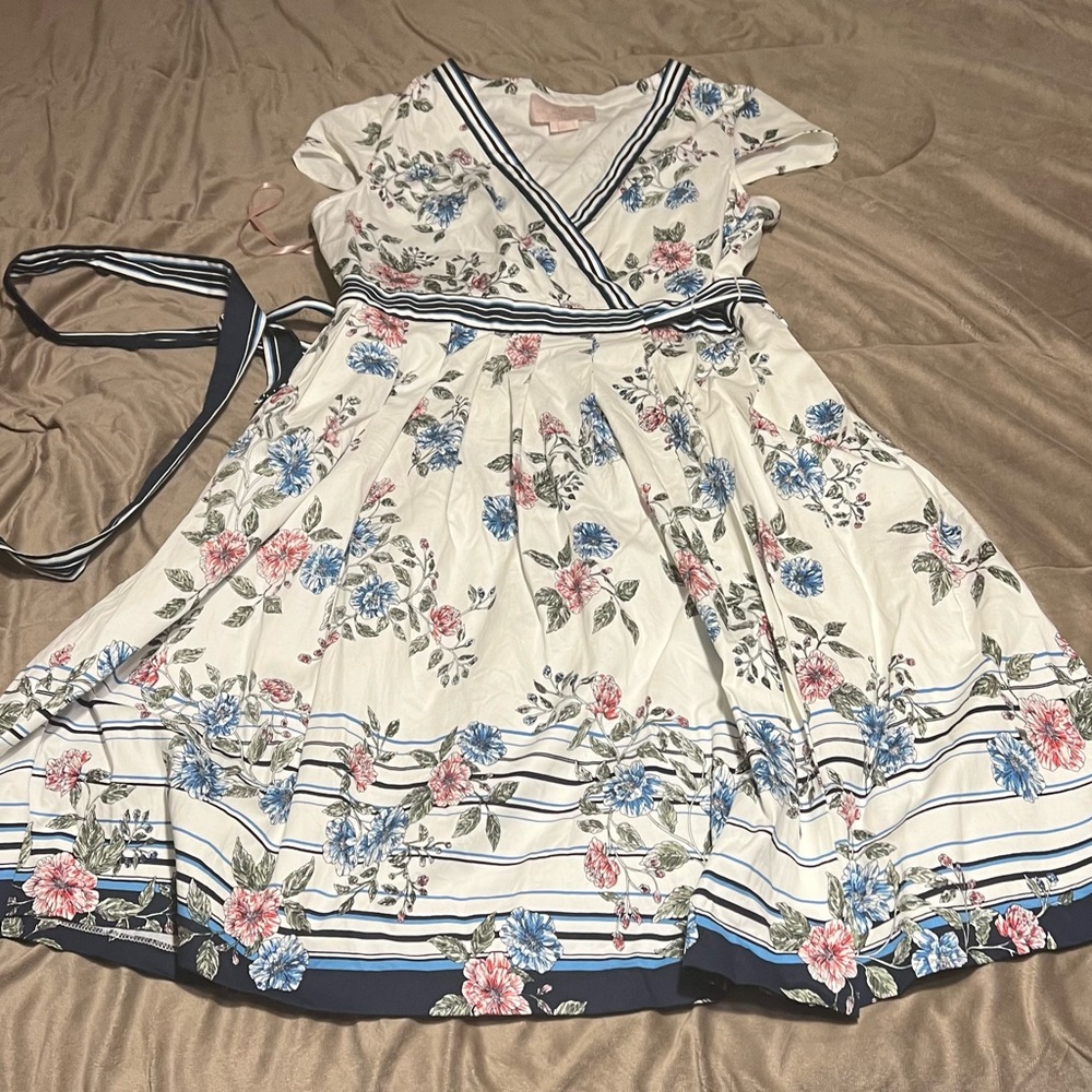 Gal Meets Glam Teresa Floral and Stripe Cotton Wrap Dress Size 18